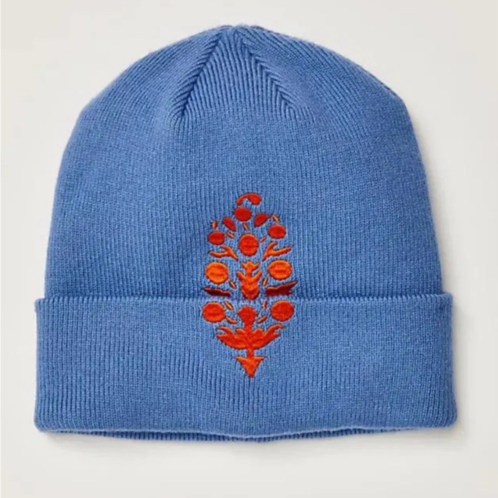 NWT Free People Movement Iconic Buti Beanie in Blue/Orange Embroidery